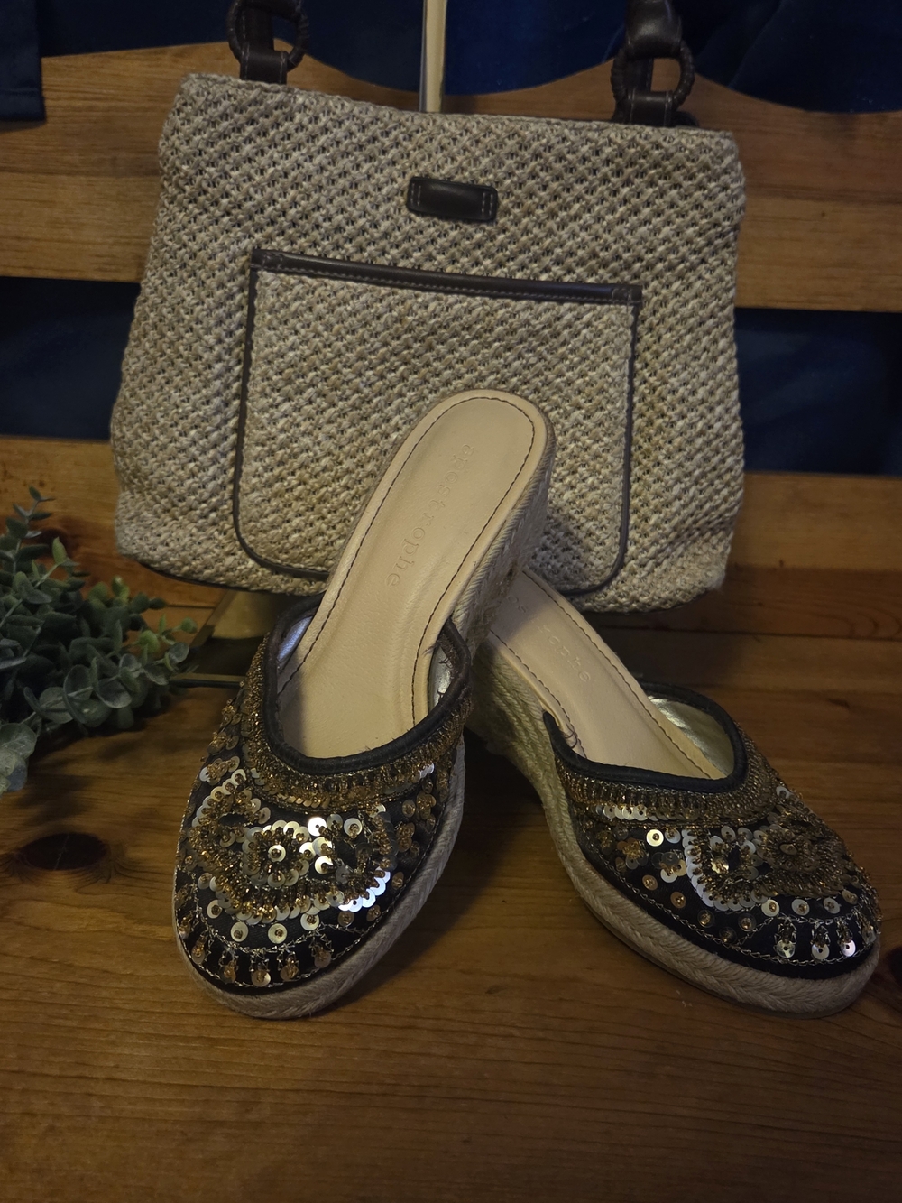 Sparkly Aerosoles Wedges Size 6 + Straw Bag Set Beachy Boho